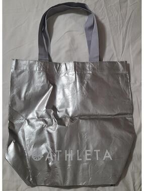 Athleta Metallic Silver Reusable Tote Shopping Bag  17"x14"x6" Travel Organizer